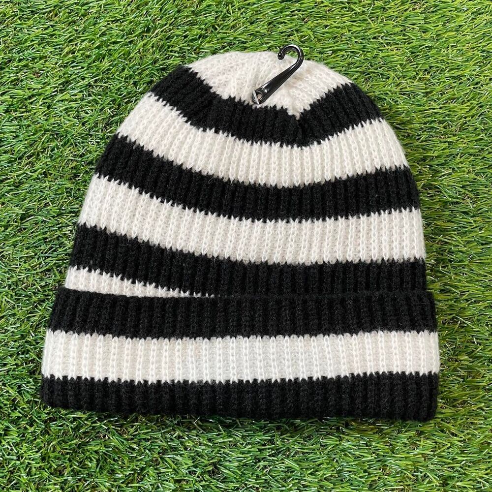 Black and white striped fuzzy faux fur lined women's beanie NWT